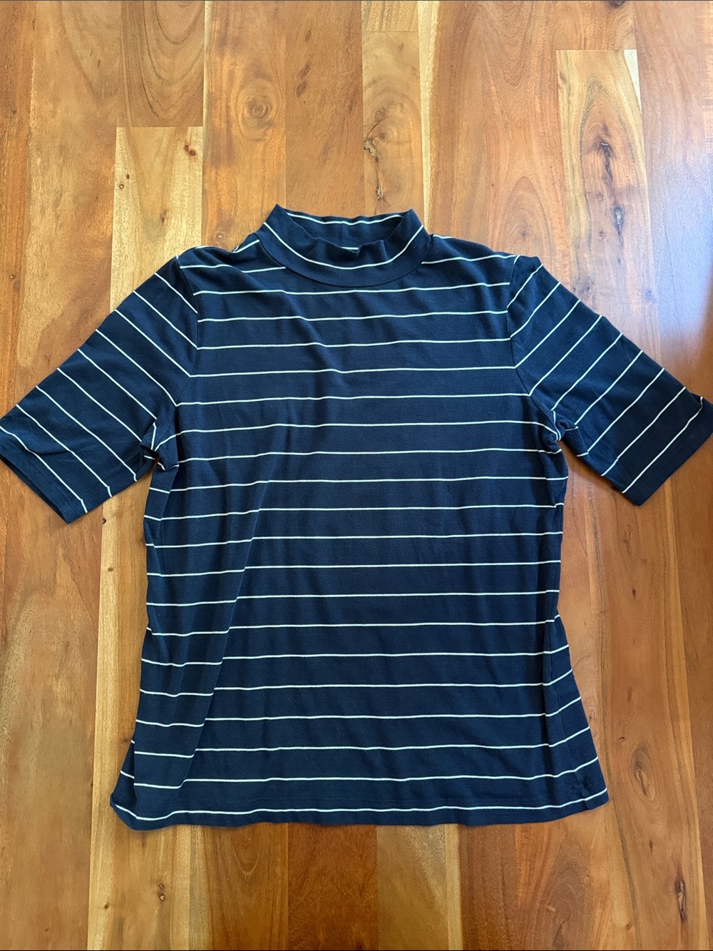 Banana Republic Navy & White Striped Short Sleeve Mock Neck Tee